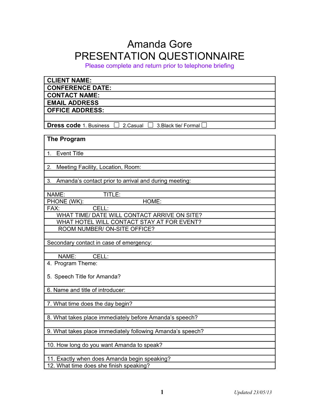 Amanda Gore Presentation Questionnaire