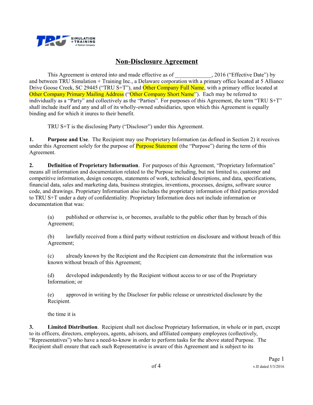 Proprietary Information Non-Disclosure Agreement