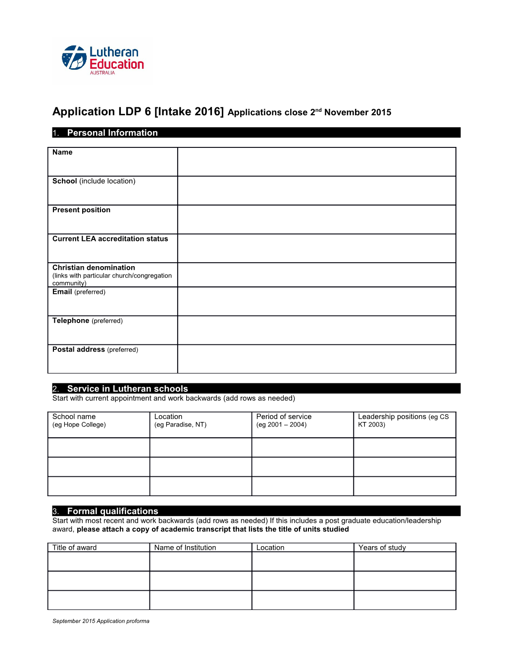 Application LDP 6 Intake 2016 Applications Close 2Nd November 2015