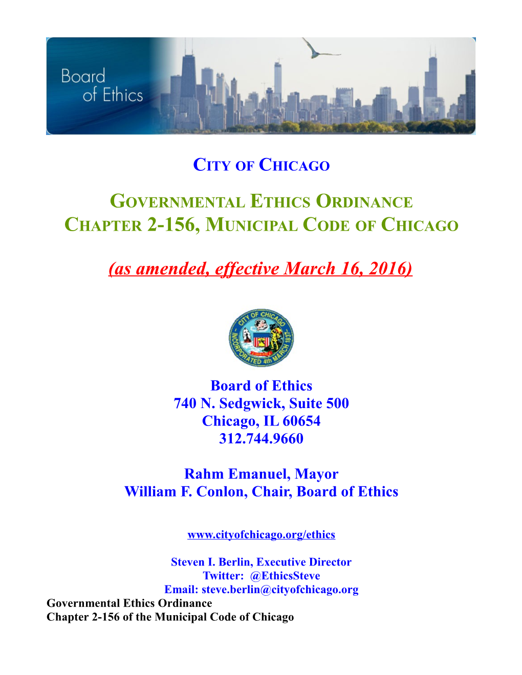 Governmental Ethics Ordinance Chapter 2-156, Municipal Code of Chicago (As Amended, Effective