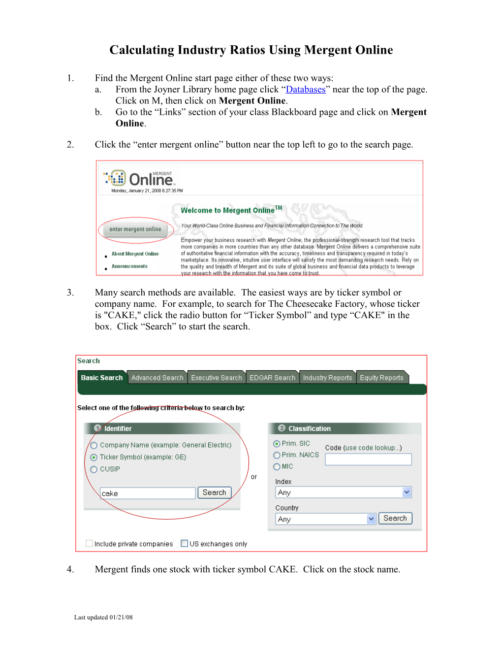 Calculating Industry Ratios Using Mergent Online on the Web