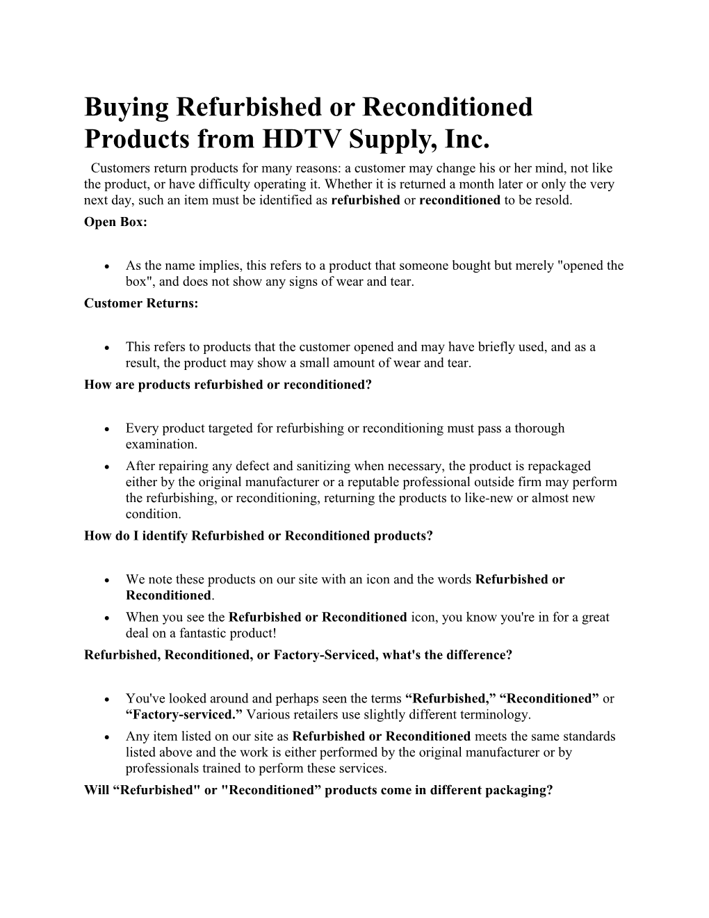 Buying Refurbished Or Reconditioned Products from HDTV Supply, Inc