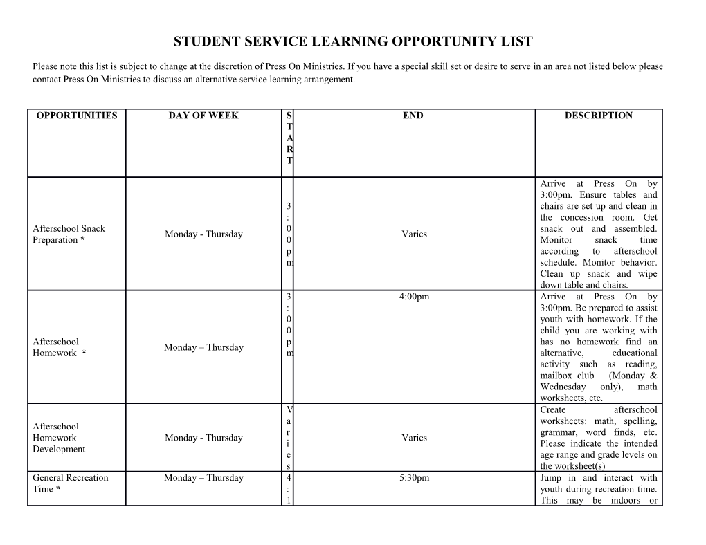 Student Service Learning Opportunity List