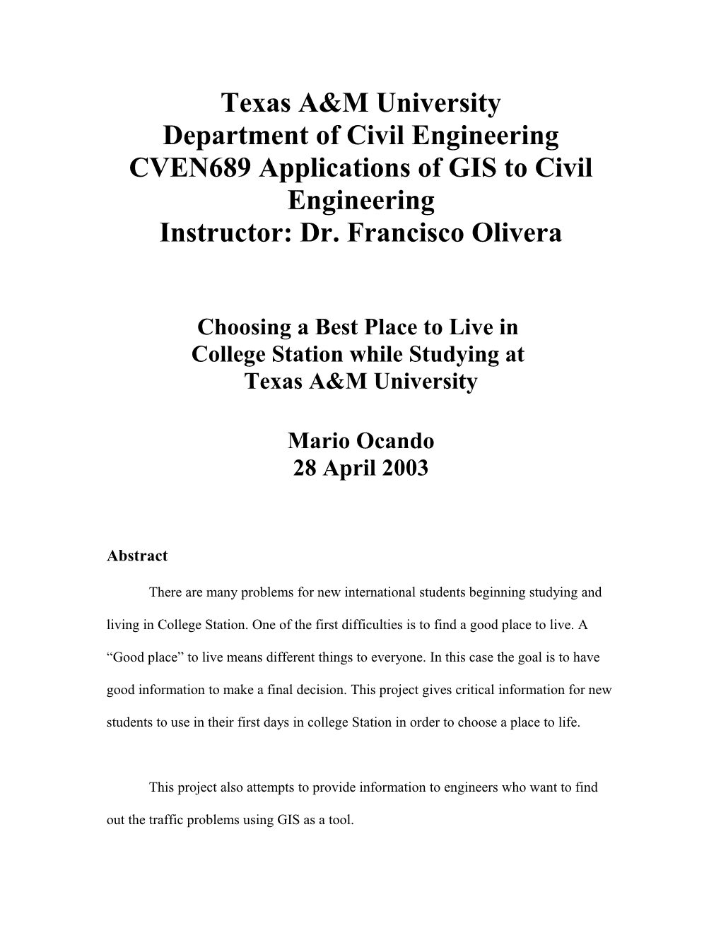 CVEN689 Applications of GIS to Civil Engineering