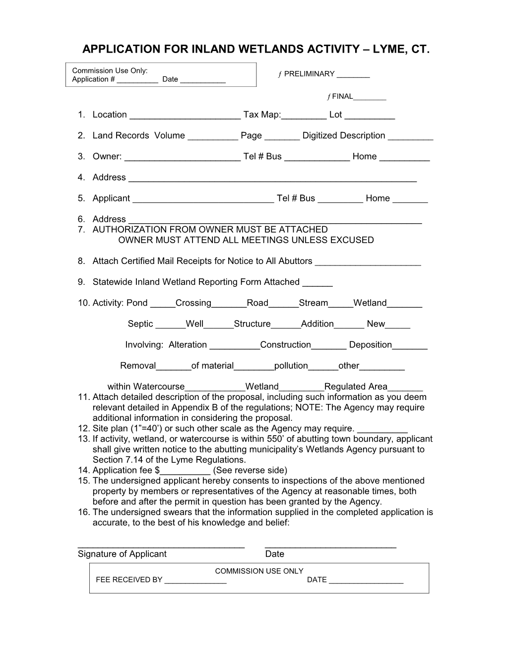 Application for Inland Wetlands Activity Lyme, Ct