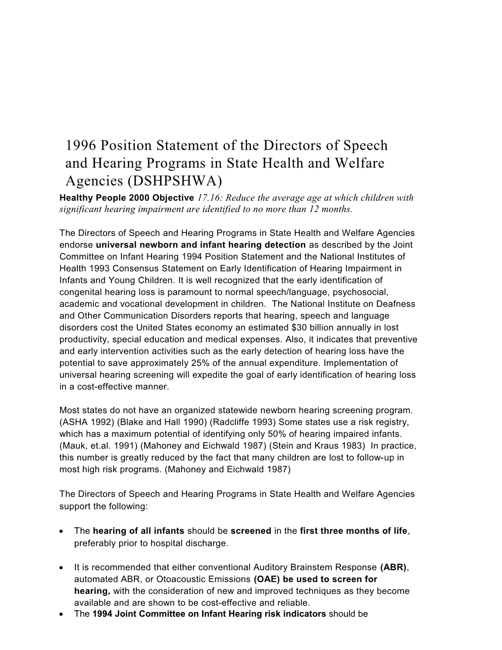 1996 Position Statement of the Directors of Speech and Hearing Programs in State Health