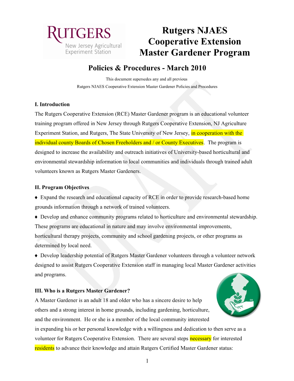 Rutgers University Cooperative Extension Master Gardener Policies