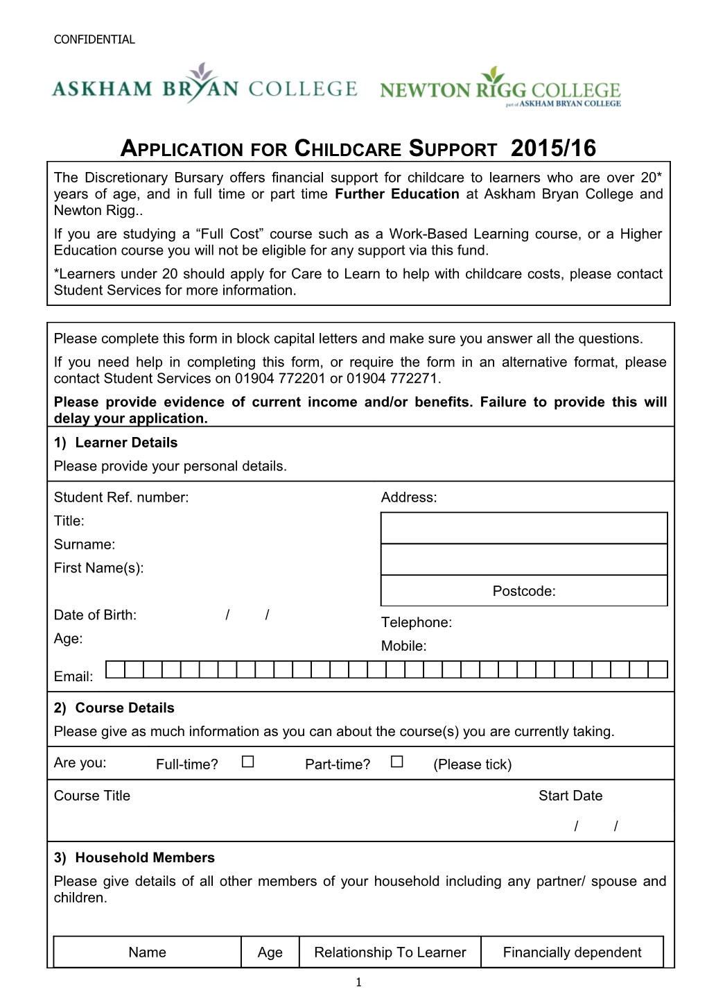 Application for Childcare Support 2015/16