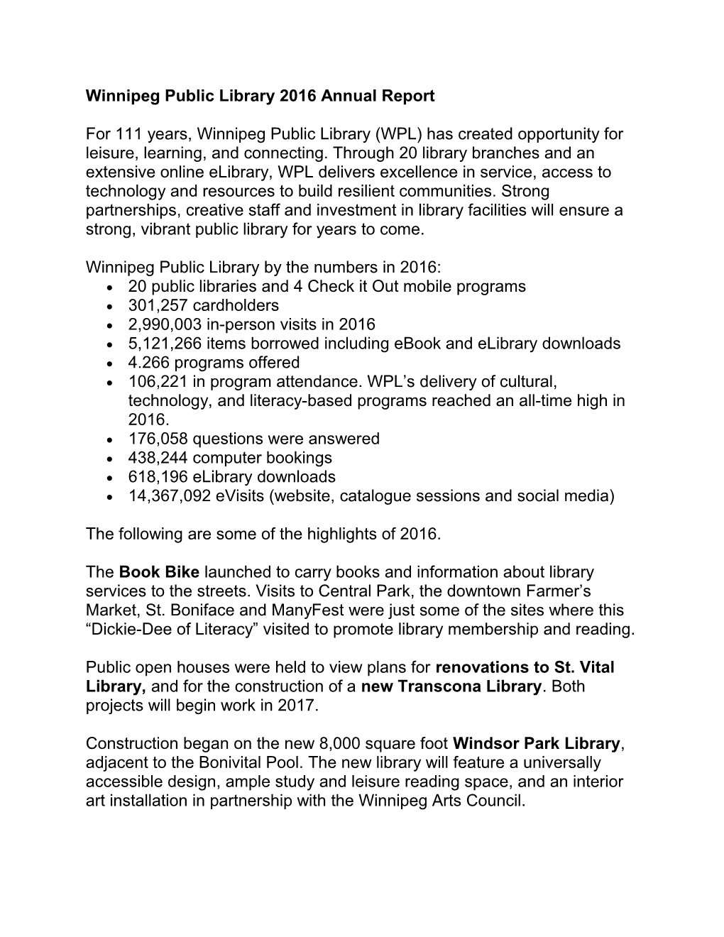 Winnipeg Public Library 2016 Annual Report