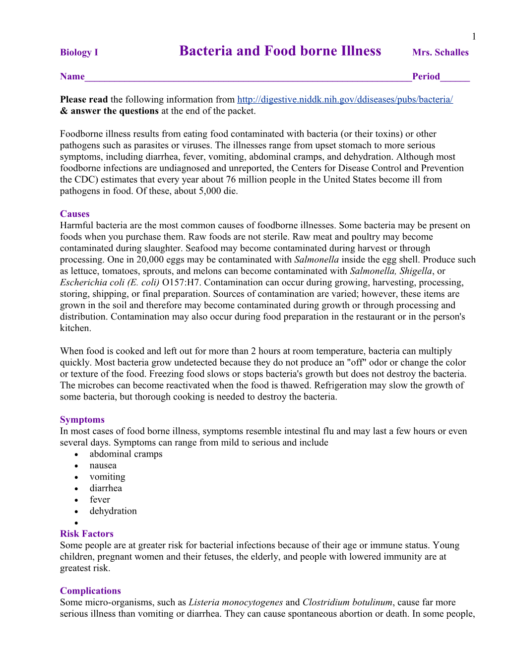 Biology Ibacteria and Food Borne Illness Mrs. Schalles