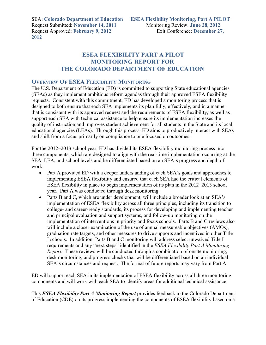 Colorado ESEA Flexibility Monitoring Part a Report