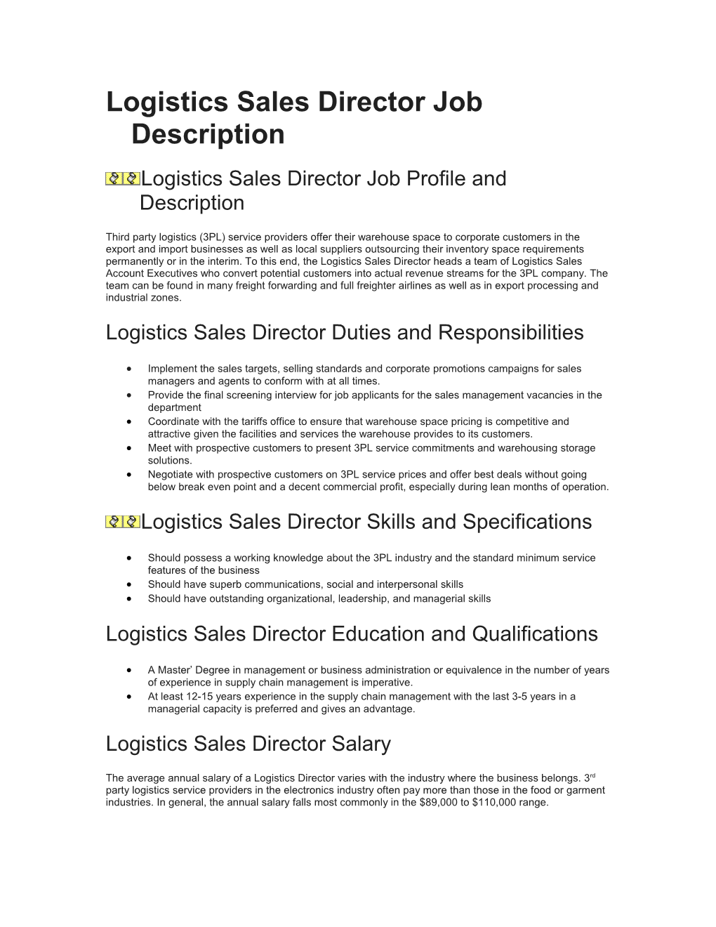 Logistics Sales Director Job Profile and Description