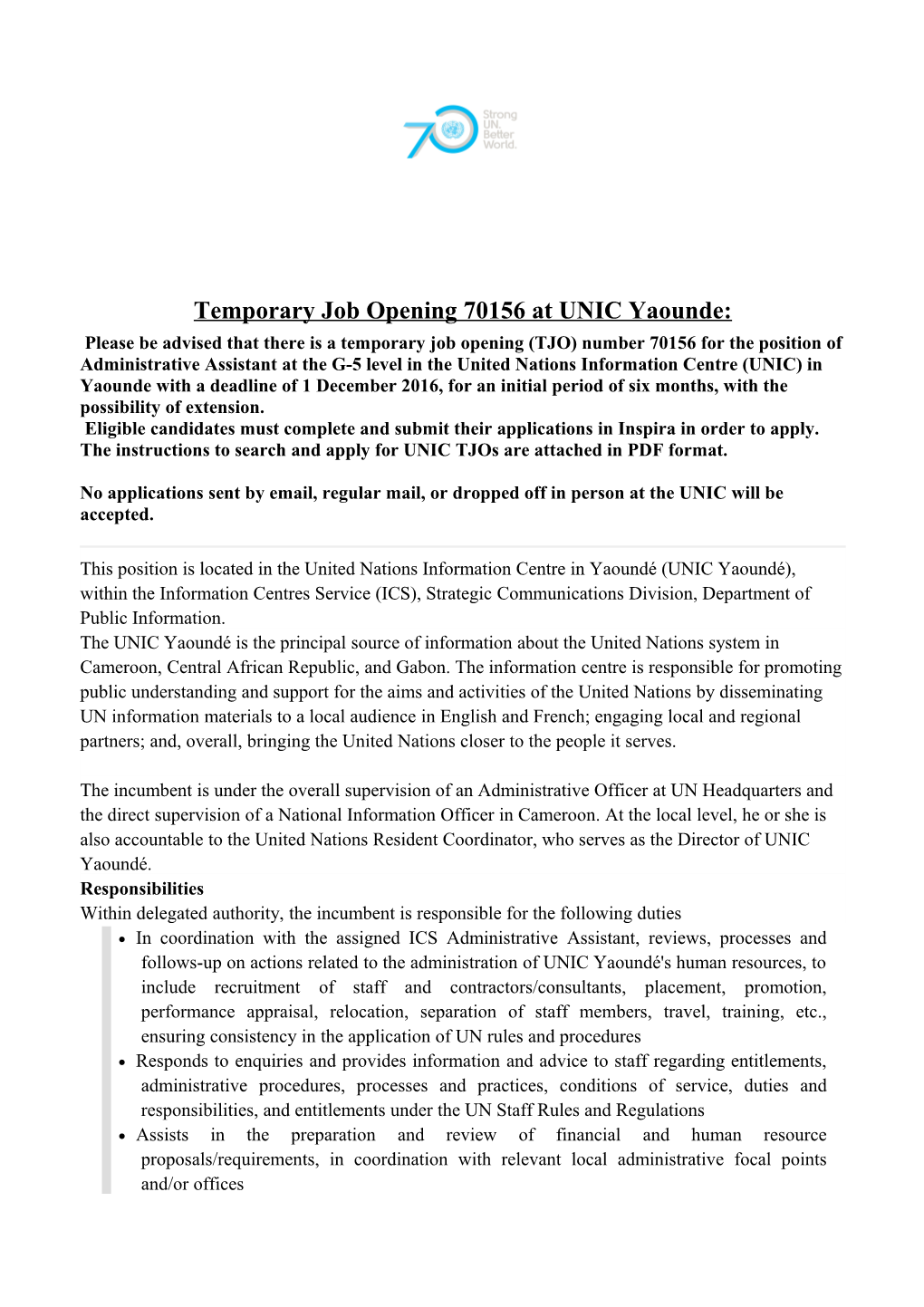 Temporary Job Opening 70156 at UNIC Yaounde