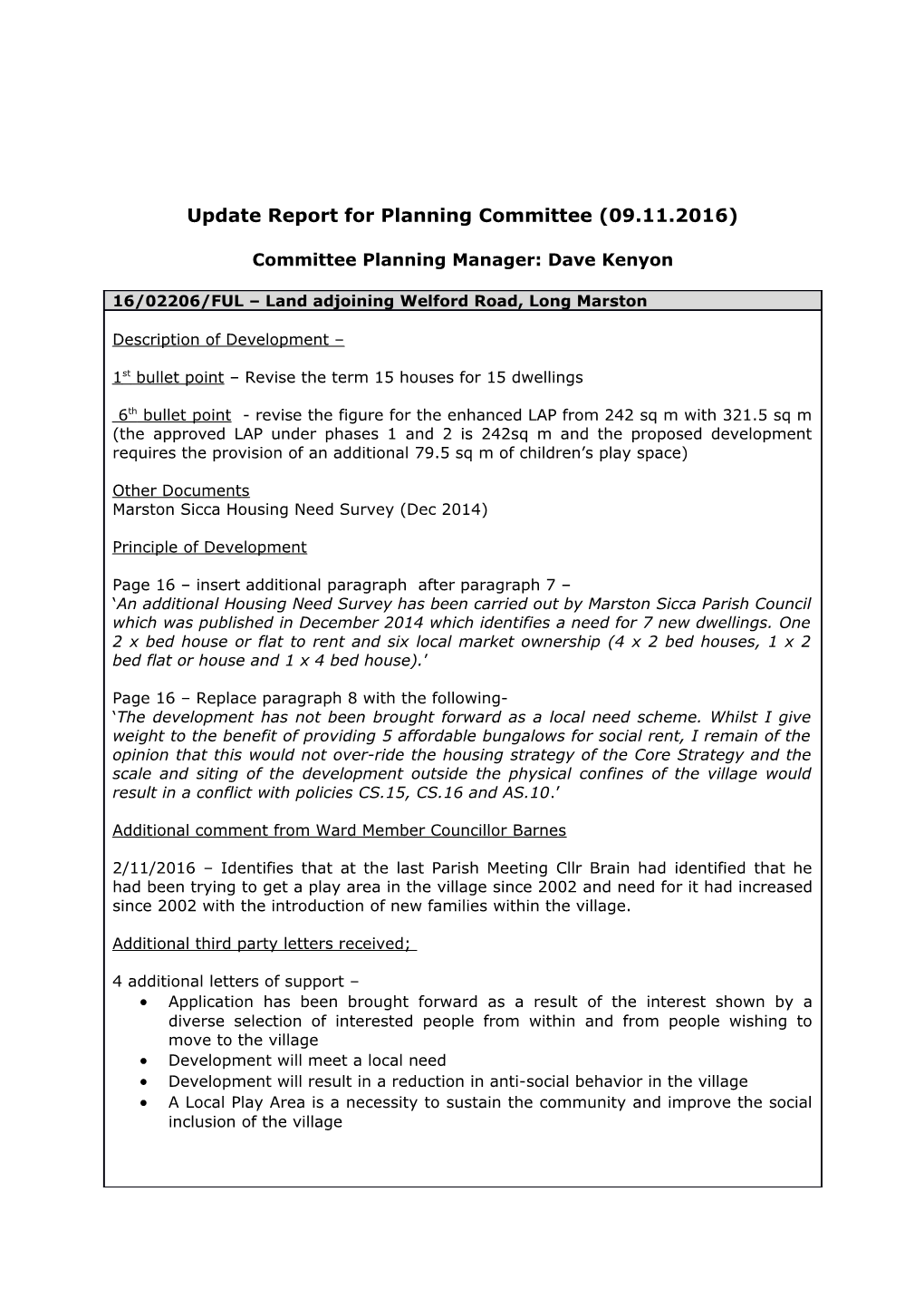 Update Report for Planning Committee (09.11.2016)