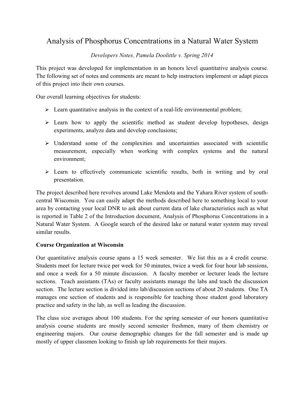 Analysis of Phosphorus Concentrations in a Natural Water System