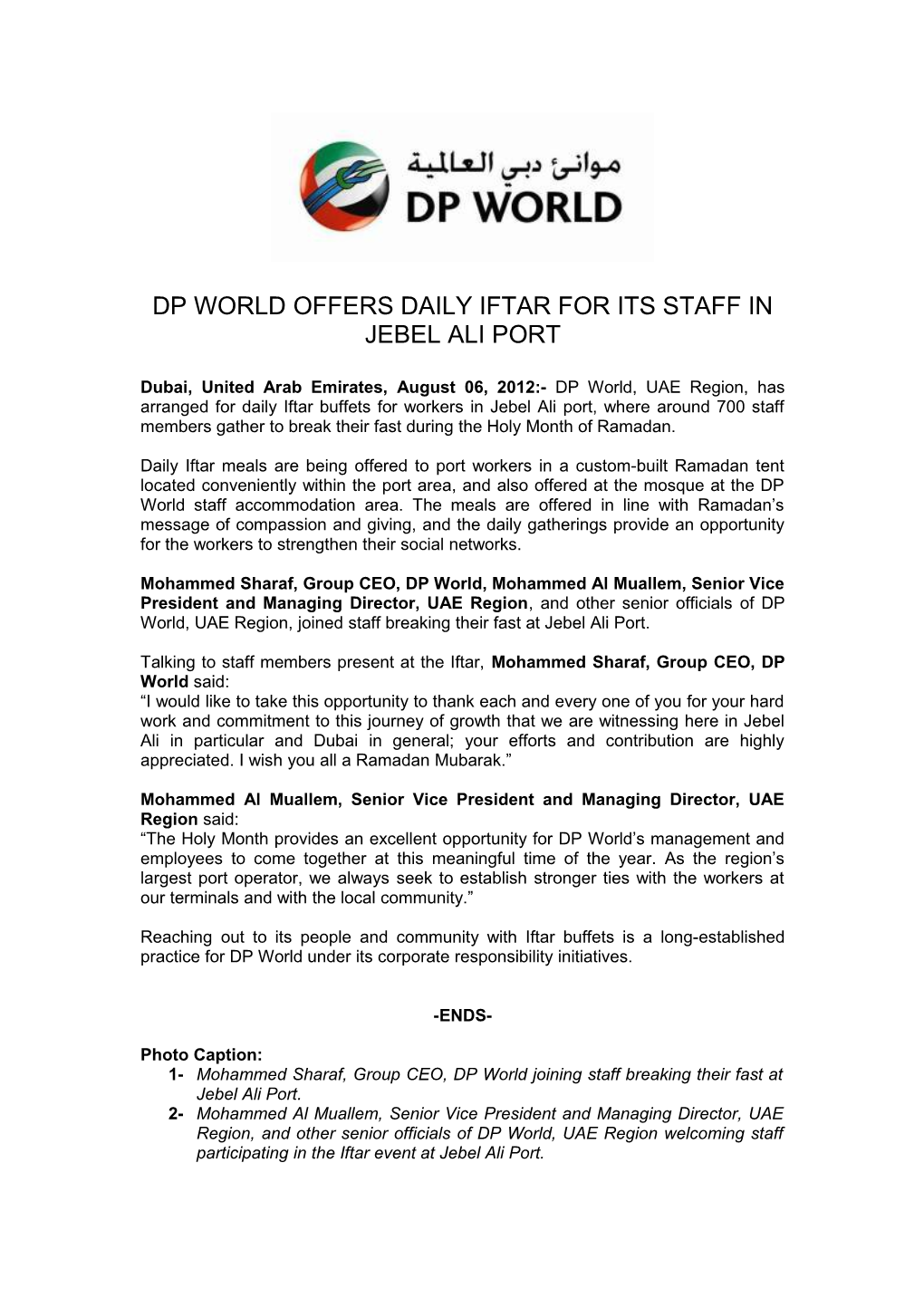 Dp World Offers Daily Iftar for Its Staffin Jebel Ali Port