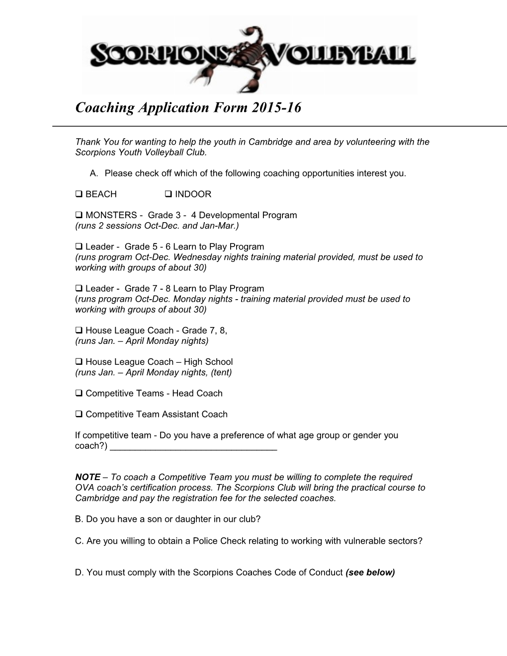 Coaching Application Form 2015-16