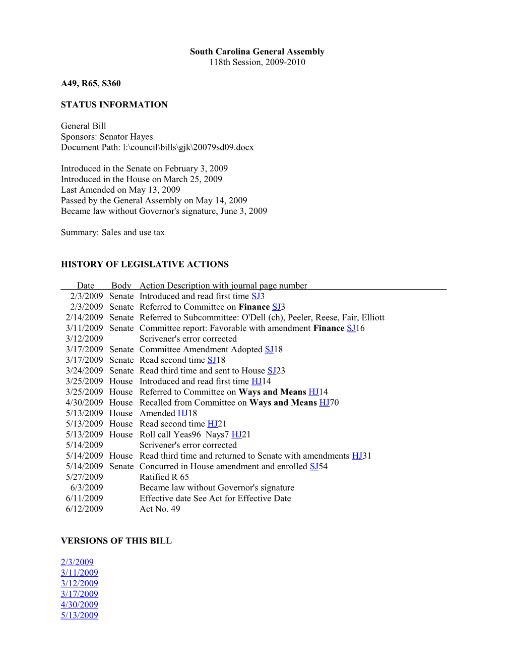 2009-2010 Bill 360: Sales and Use Tax - South Carolina Legislature Online