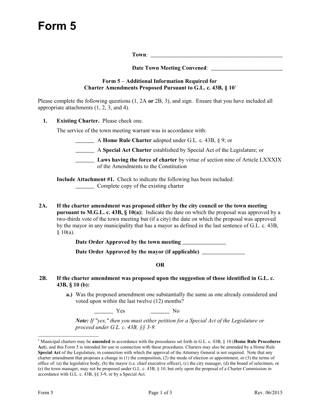 Form 5 Additional Information Required for Charter Amendments Proposed Pursuant to M.G.L