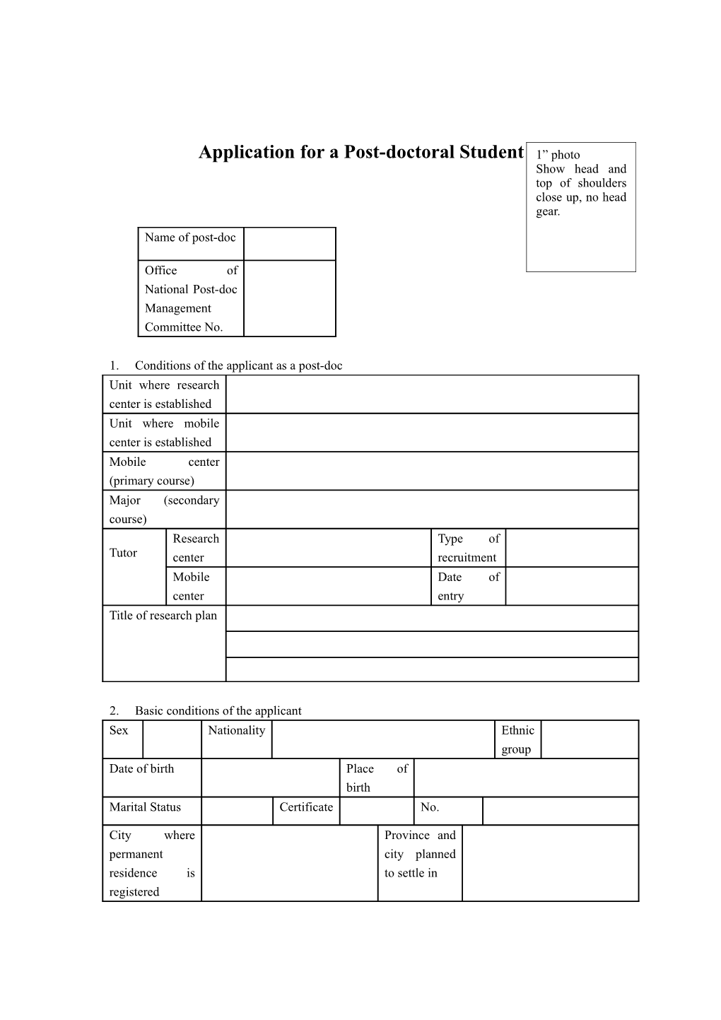 Applicationfor a Post-Doctoral Student