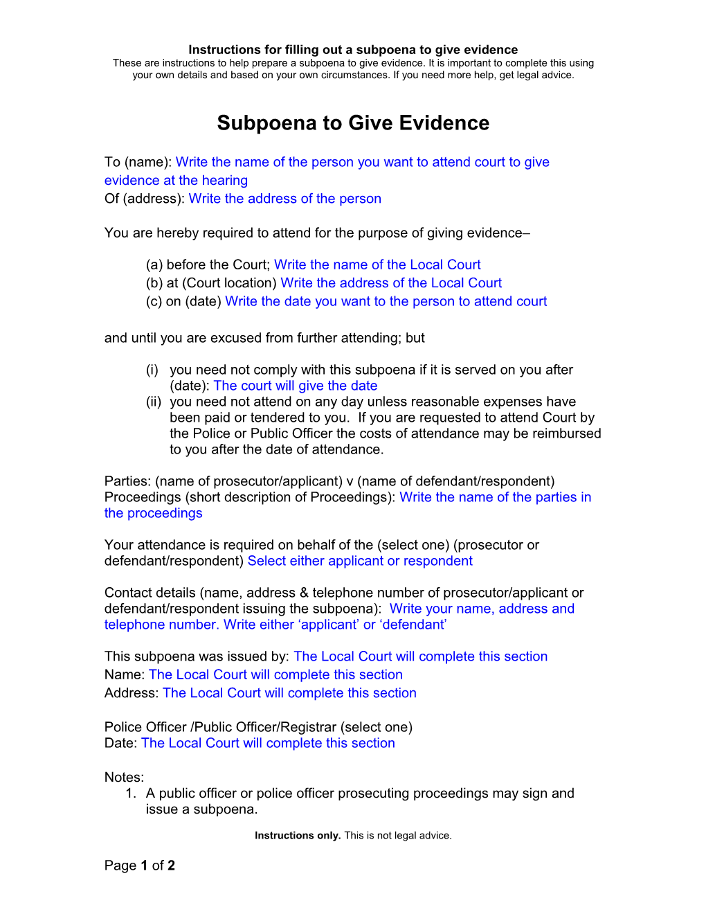 Subpoena to Give Evidence