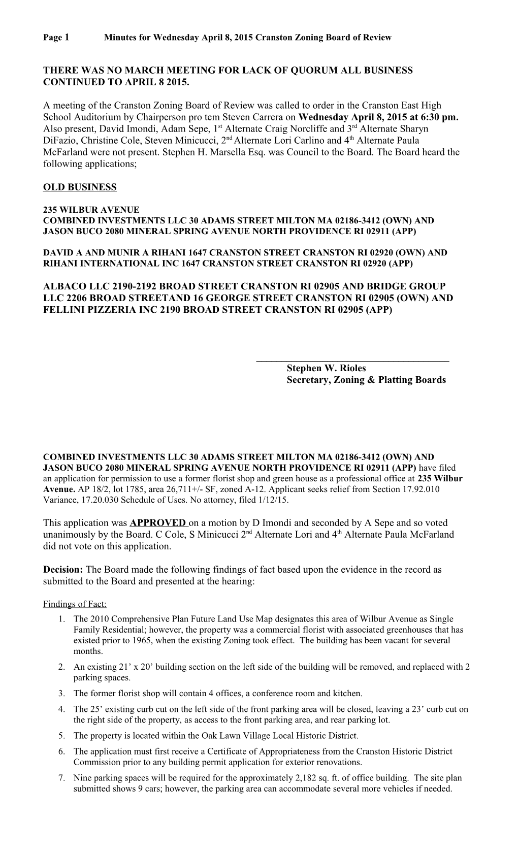 Page 1Minutes for Wednesday April 8, 2015Cranston Zoning Board of Review