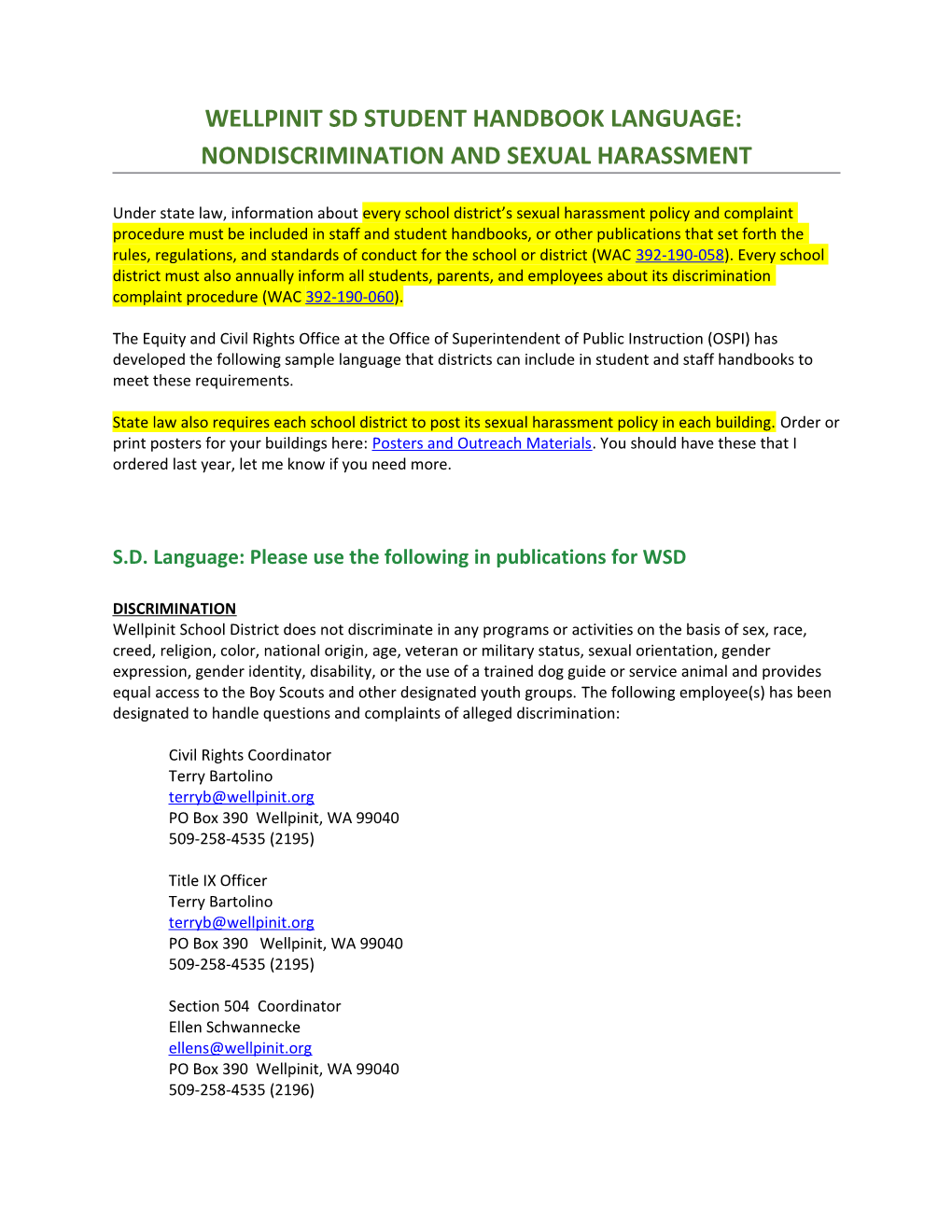 Sample Handbook Language: Nondiscrimination and Sexual Harassment