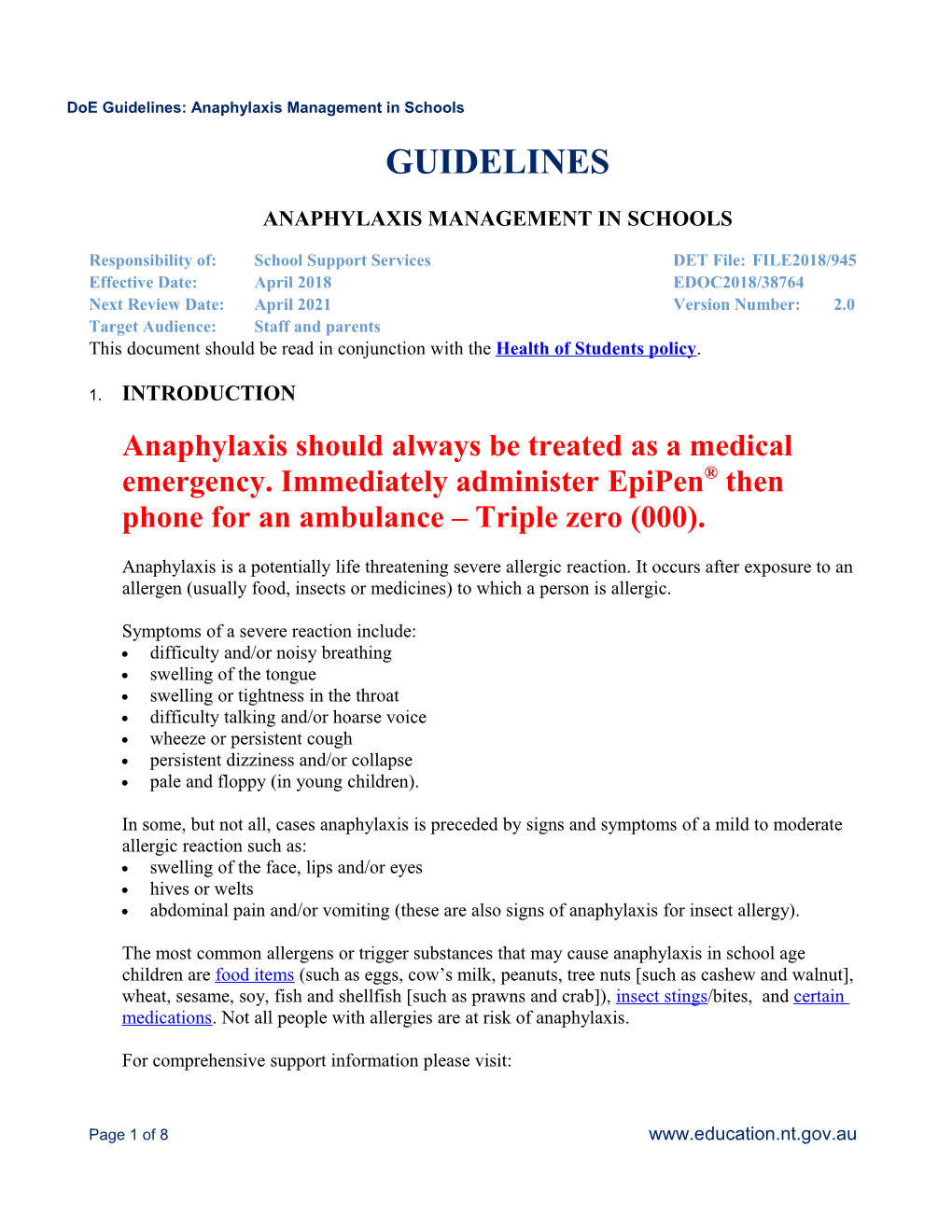 Anaphylaxis Management in Schools Guidelines