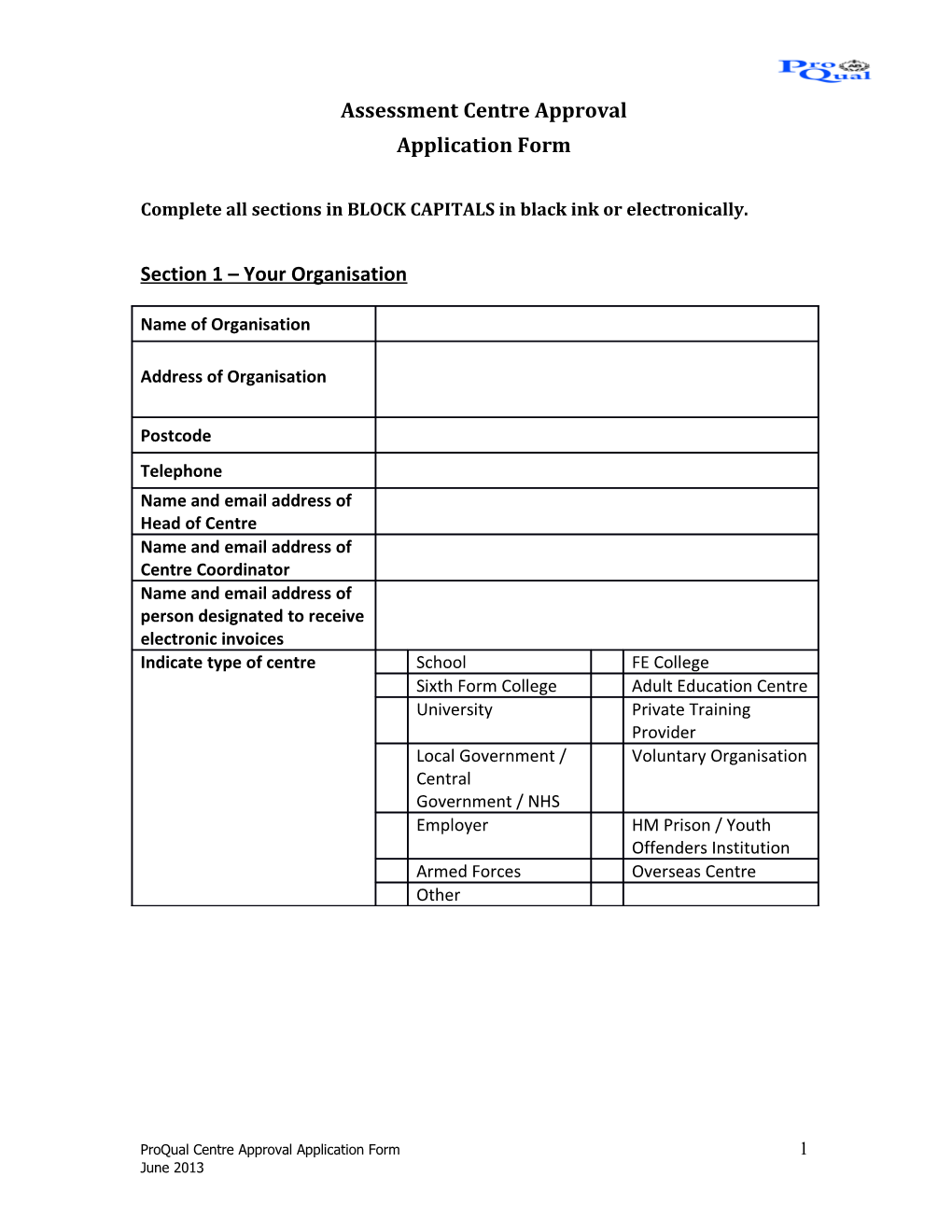 Centre Application Form