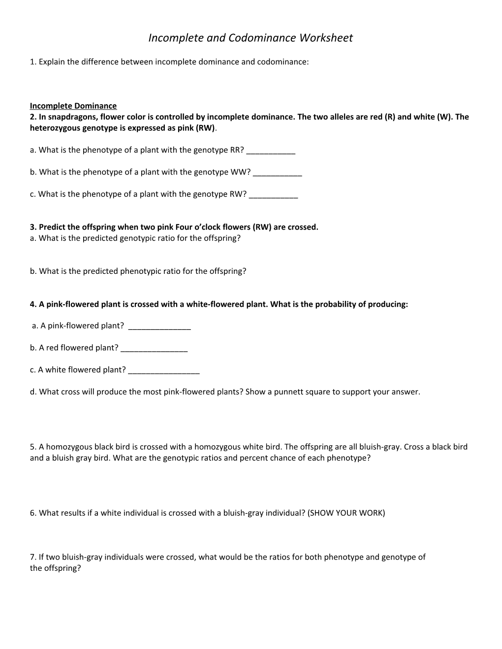 Incomplete and Codominance Worksheet