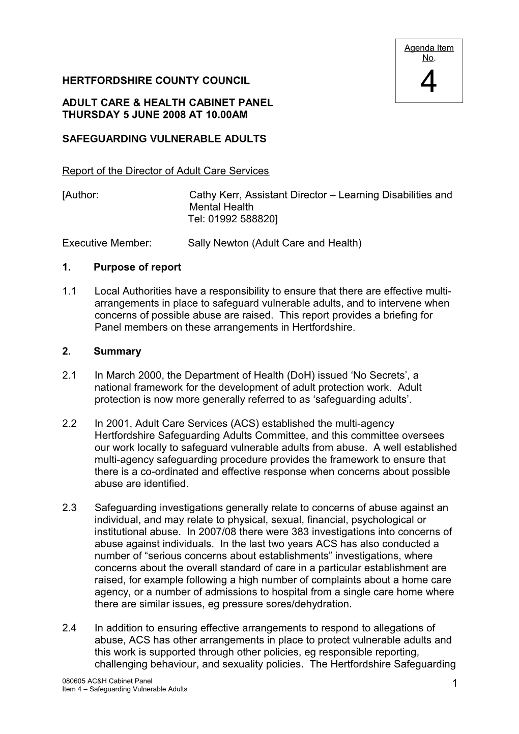 Adult Care and Health Cabinet Panel 5 June 2008: Item 4 - Safeguarding Vulnerable Adults