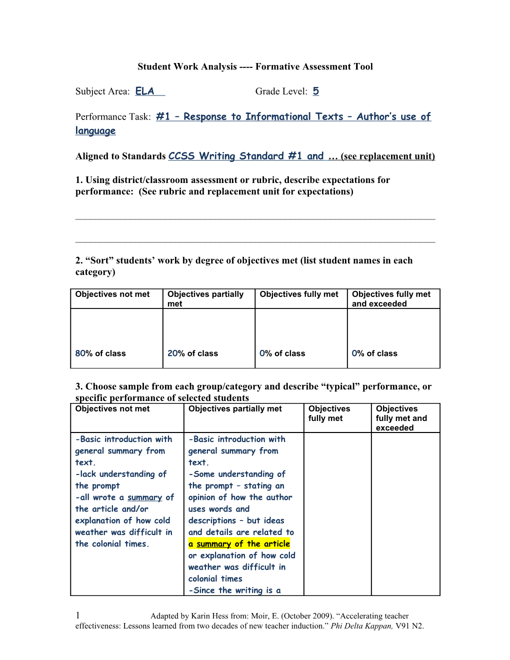 Student Work Analysis Formative Assessment Tool