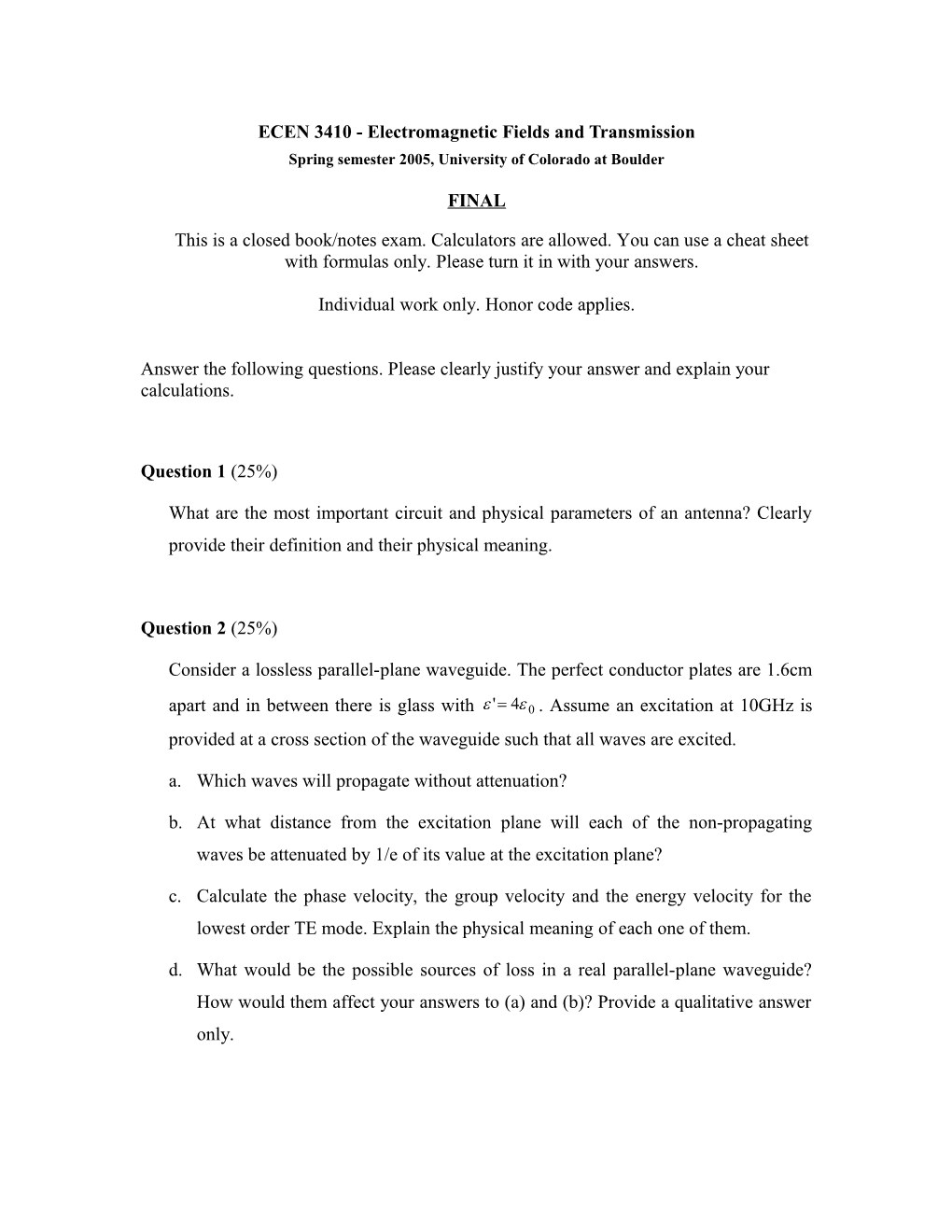 ECEN 3410 - Electromagnetic Fields and Transmission