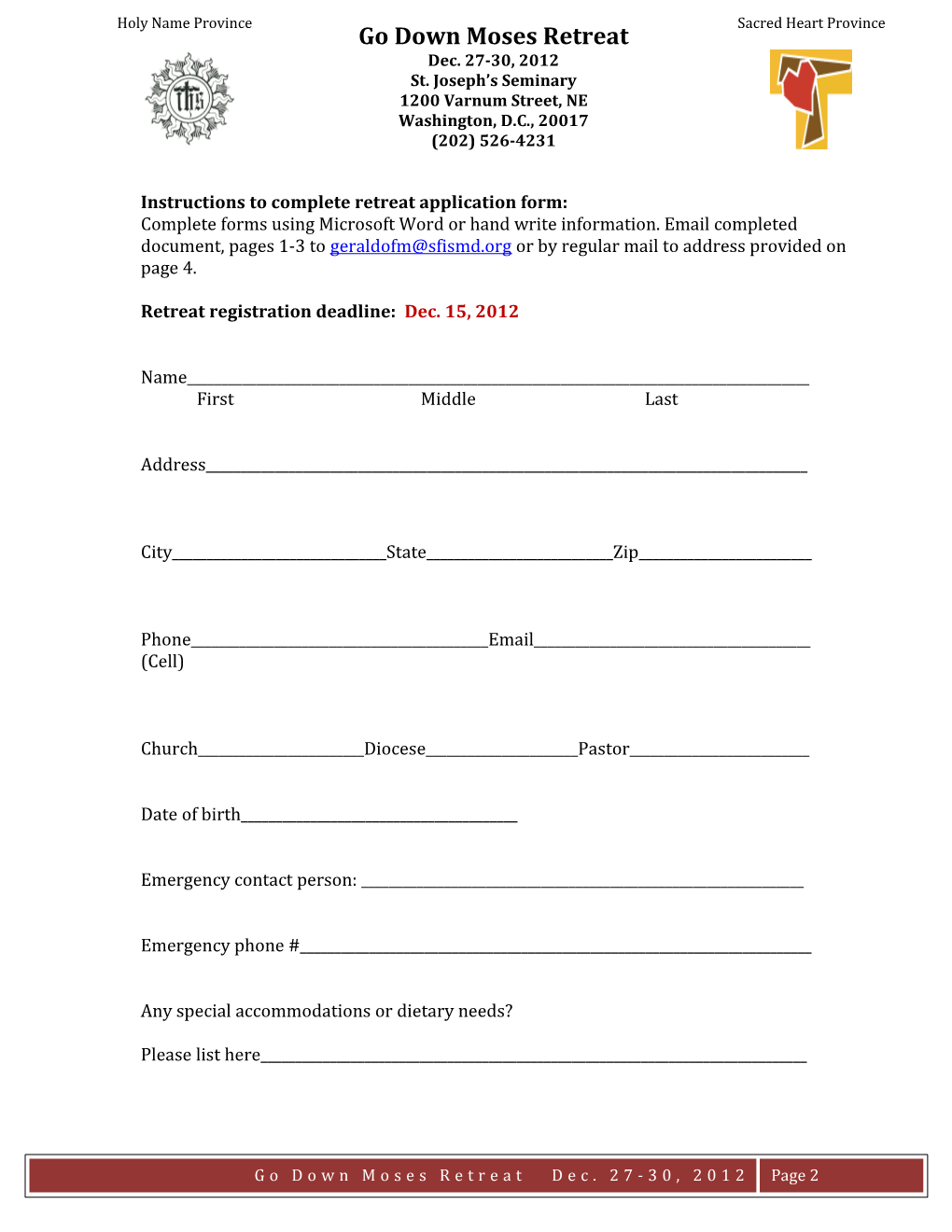 Instructions to Complete Retreat Application Form