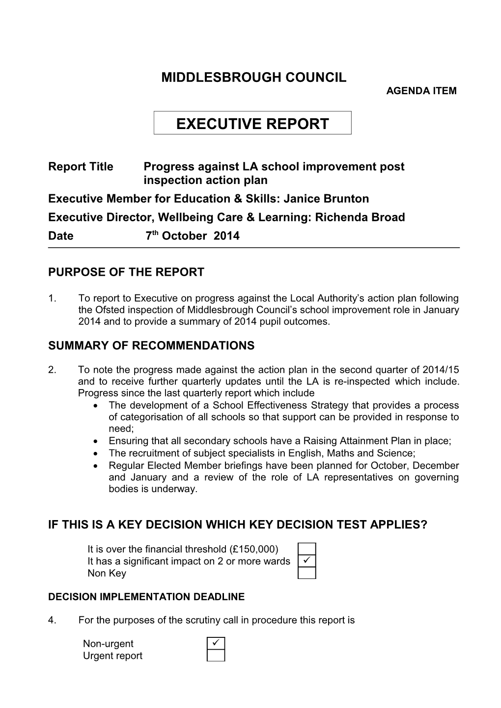 Report Title Progress Against LA School Improvementpost Inspection Action Plan