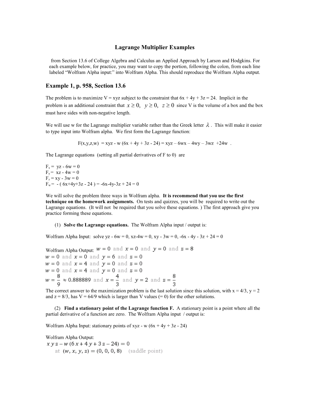 Lagrange Multiplier Examples