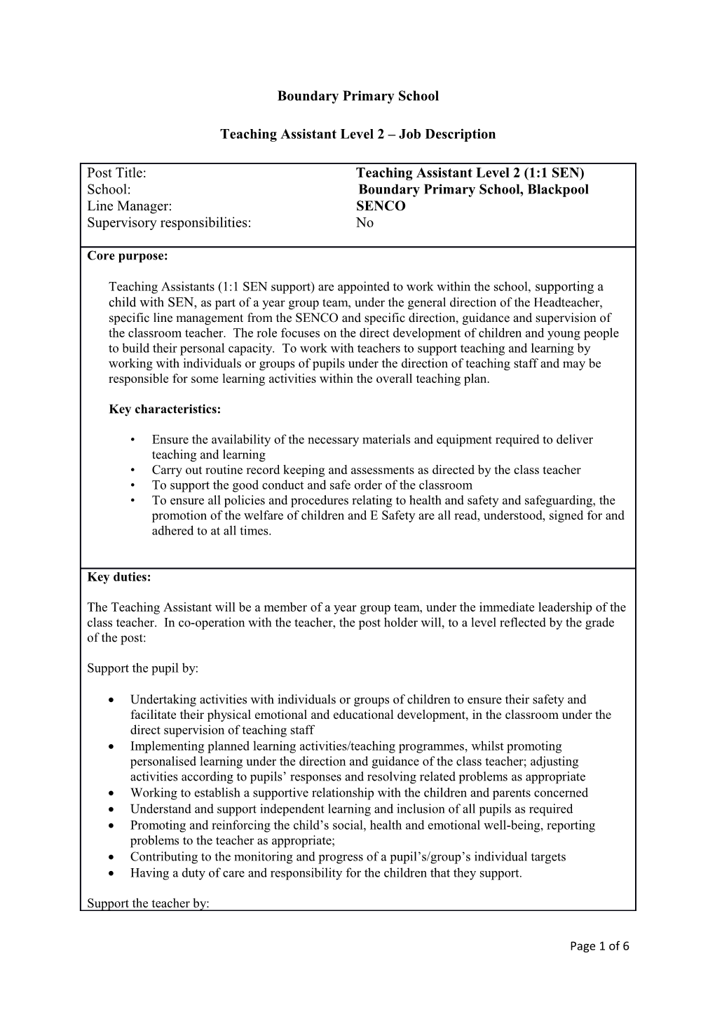 Teaching Assistant Level 2 Job Description