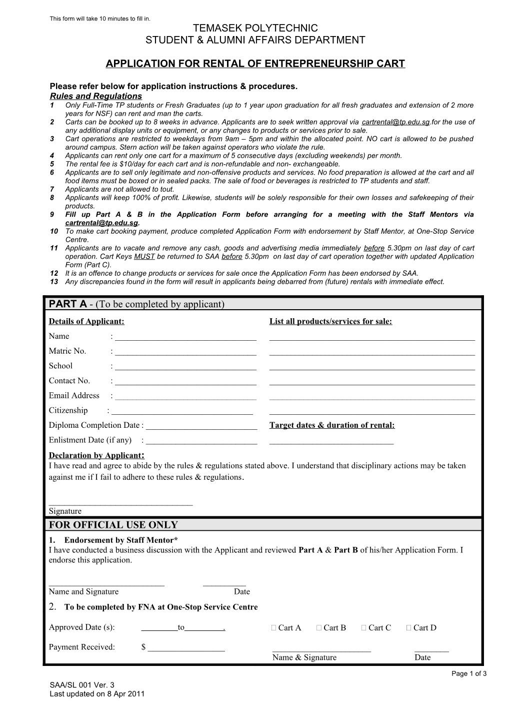 Application for Rental of Entrepreneurship Cart