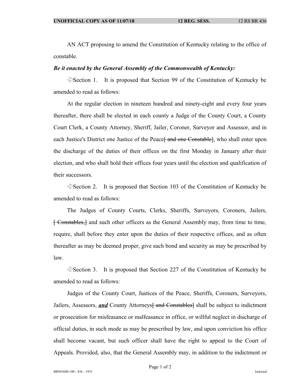 AN ACT Proposing to Amend the Constitution of Kentucky Relating to the Office of Constable