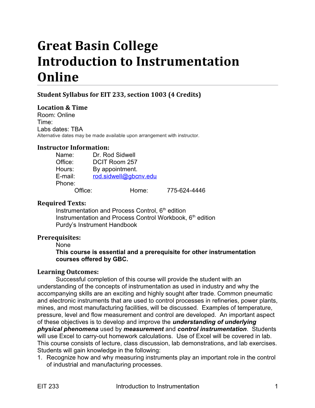 Student Syllabus for EIT 233, Section 1003 (4 Credits)