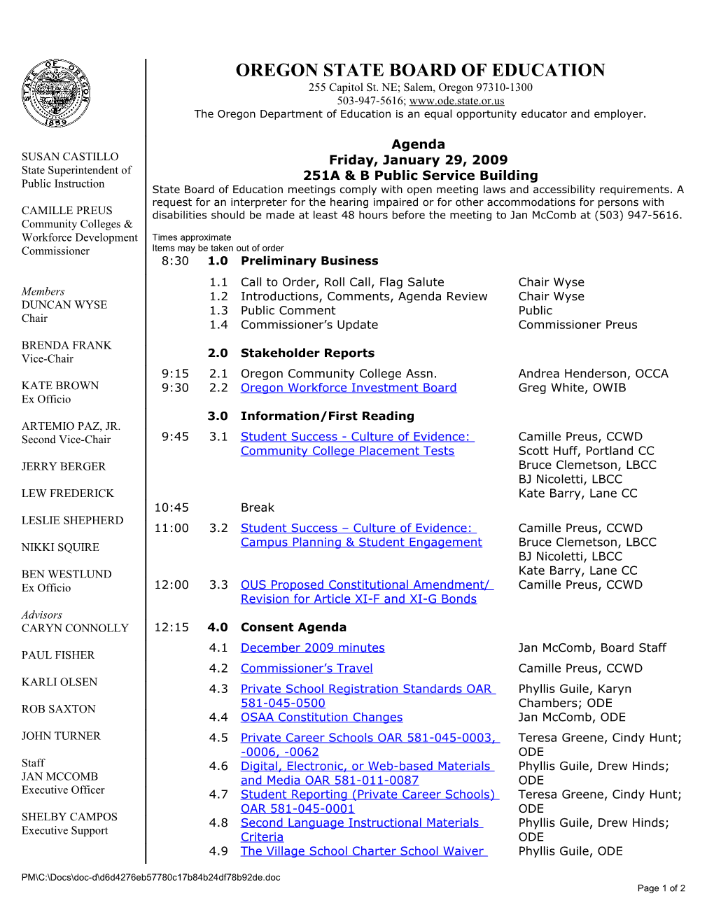 PM I: Board 2010 2010 January 2010 January 29 Agenda