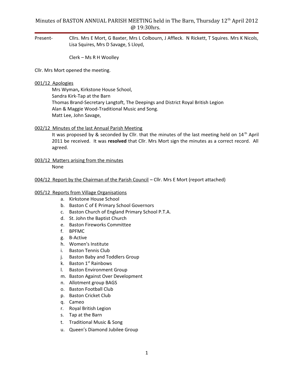 BASTON ANNUAL PARISH MEETING Held in the Barn, Thursday 9Th April 2009 19:30Hrs