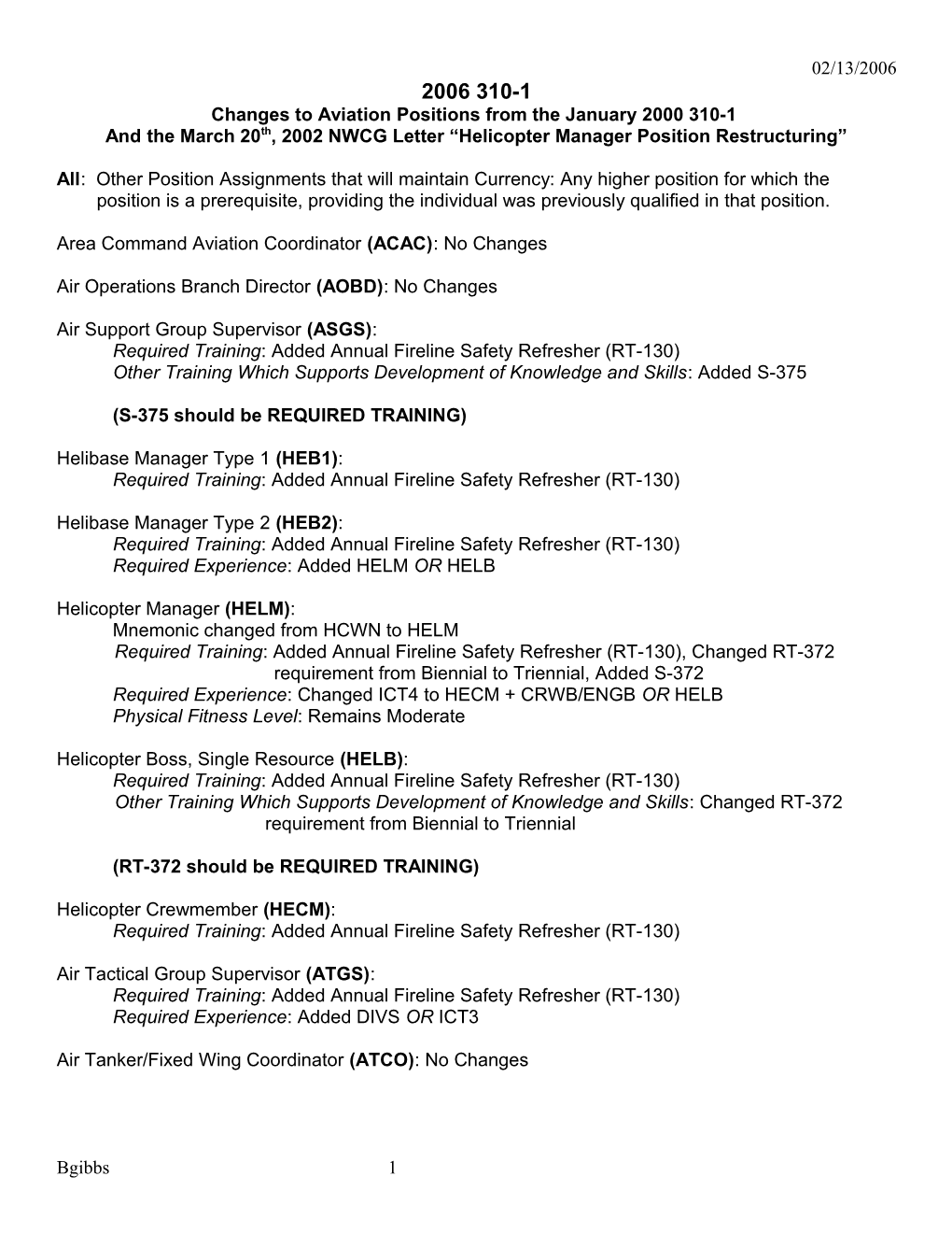 Changes to Aviation Positions from the January 2000 310-1