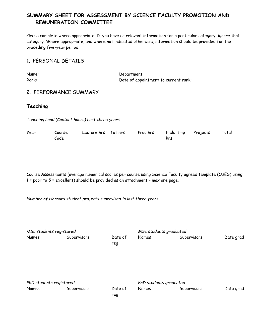 Summary Sheet for Assessment by Science Faculty Merit Committee