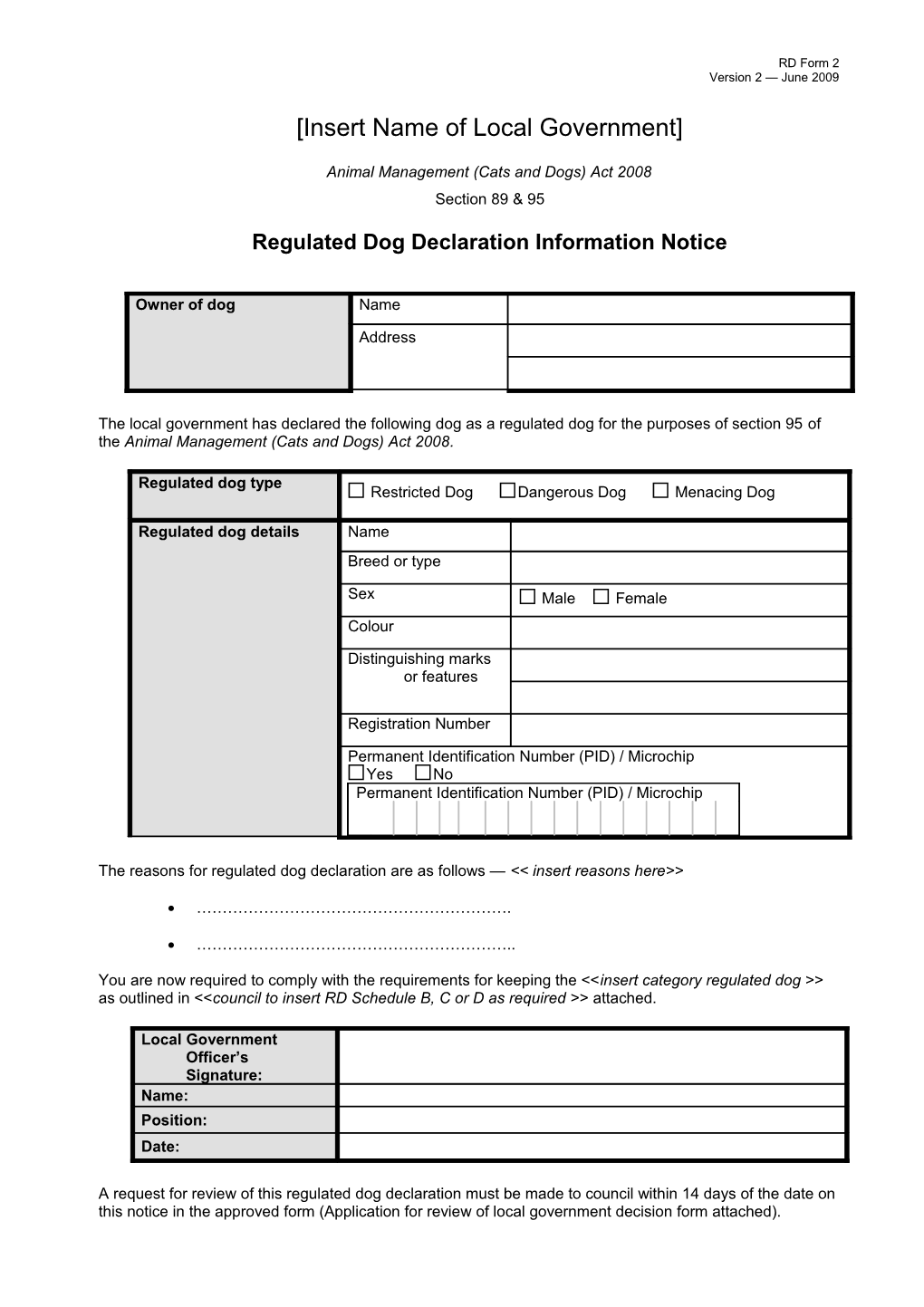 Regulated Dog Declaration Information Notice