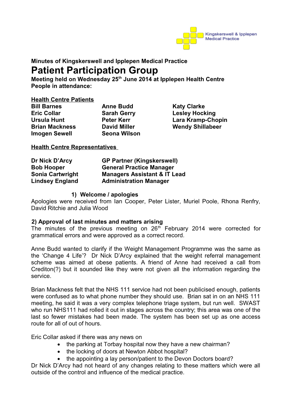 Minutes of Kingskerswell and Ipplepen Medical Practice