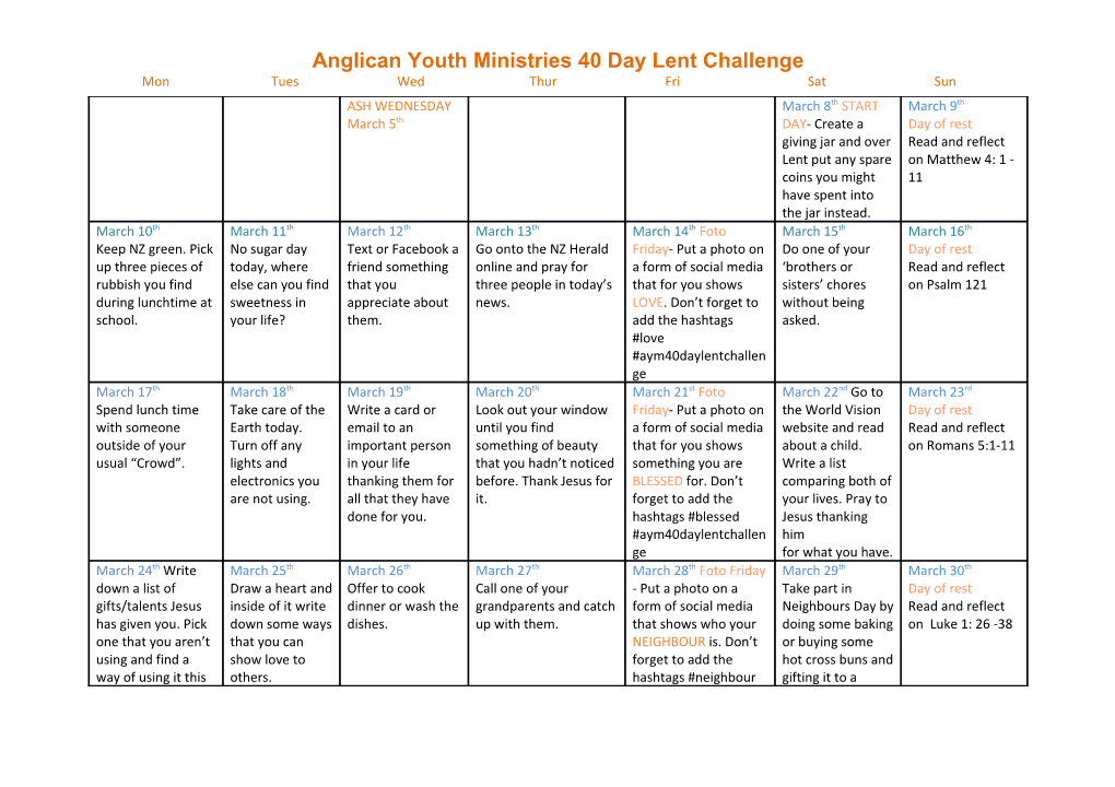 Anglican Youth Ministries 40 Day Lent Challenge