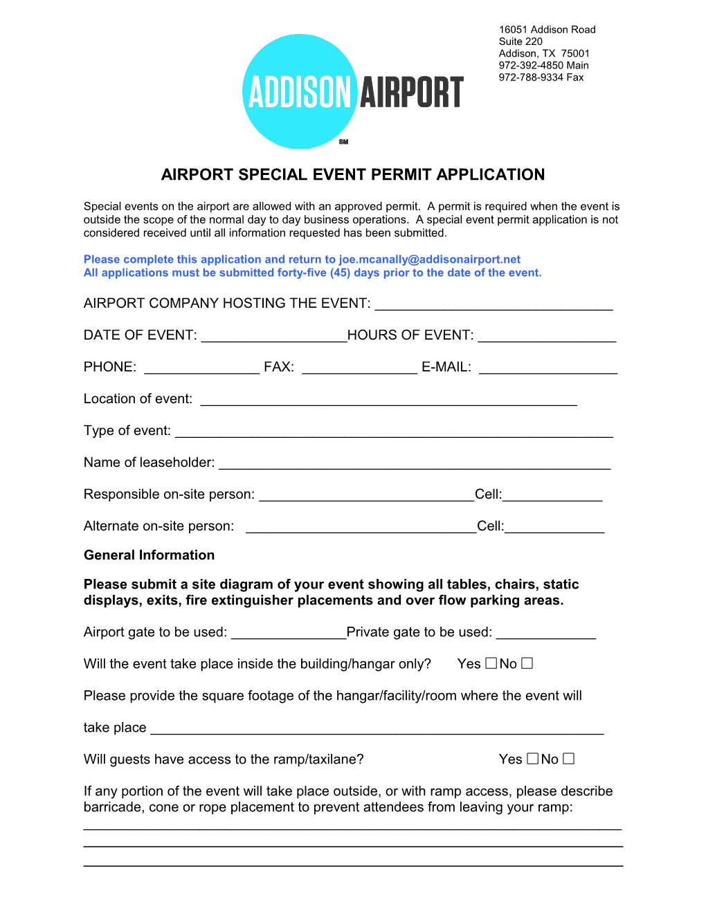 Airport Special Event Permit Application