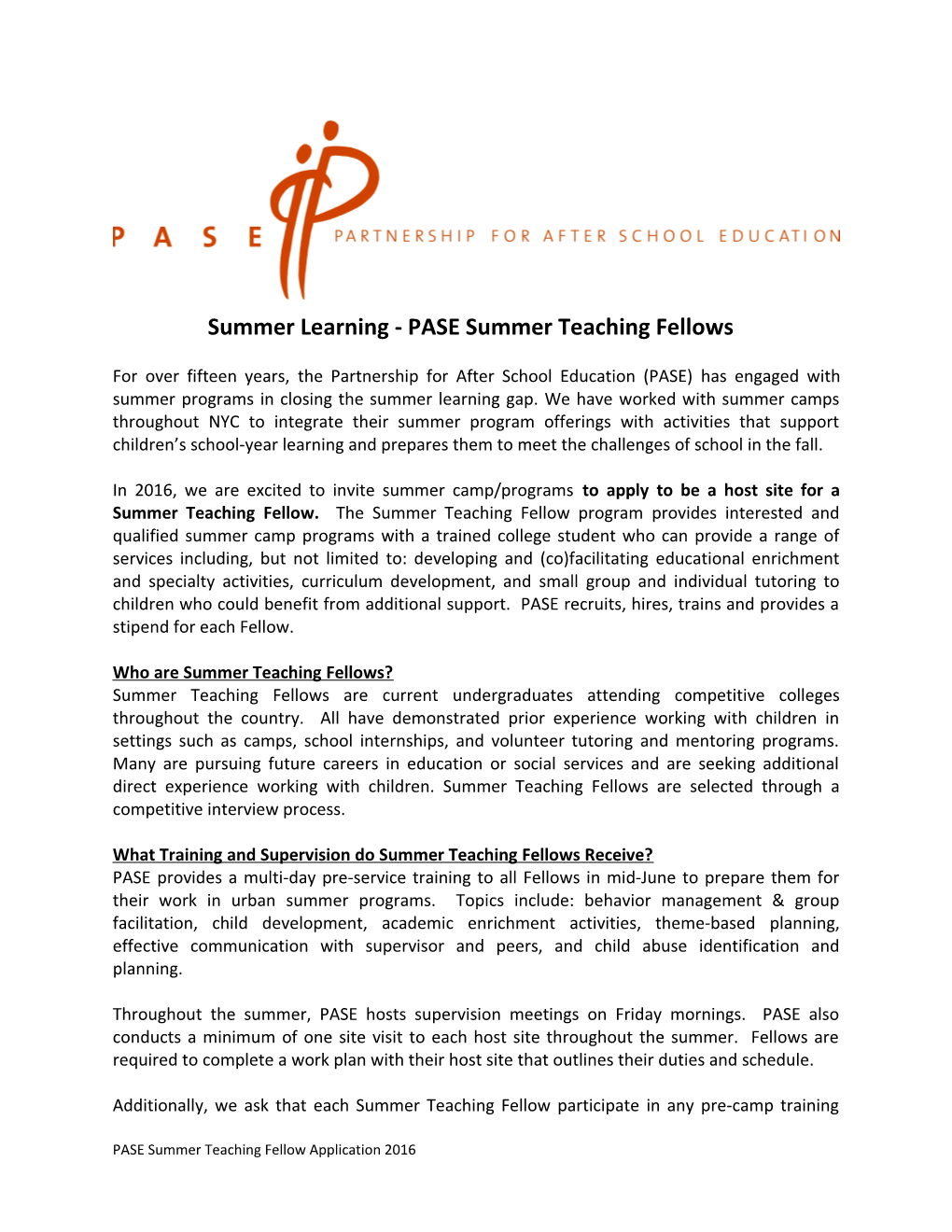 Summer Learning - Pasesummer Teaching Fellows