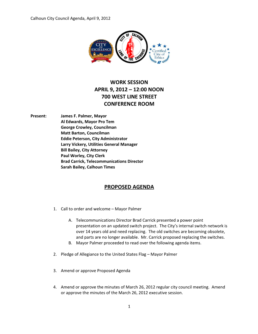 Calhoun City Council Agenda, April 9, 2012